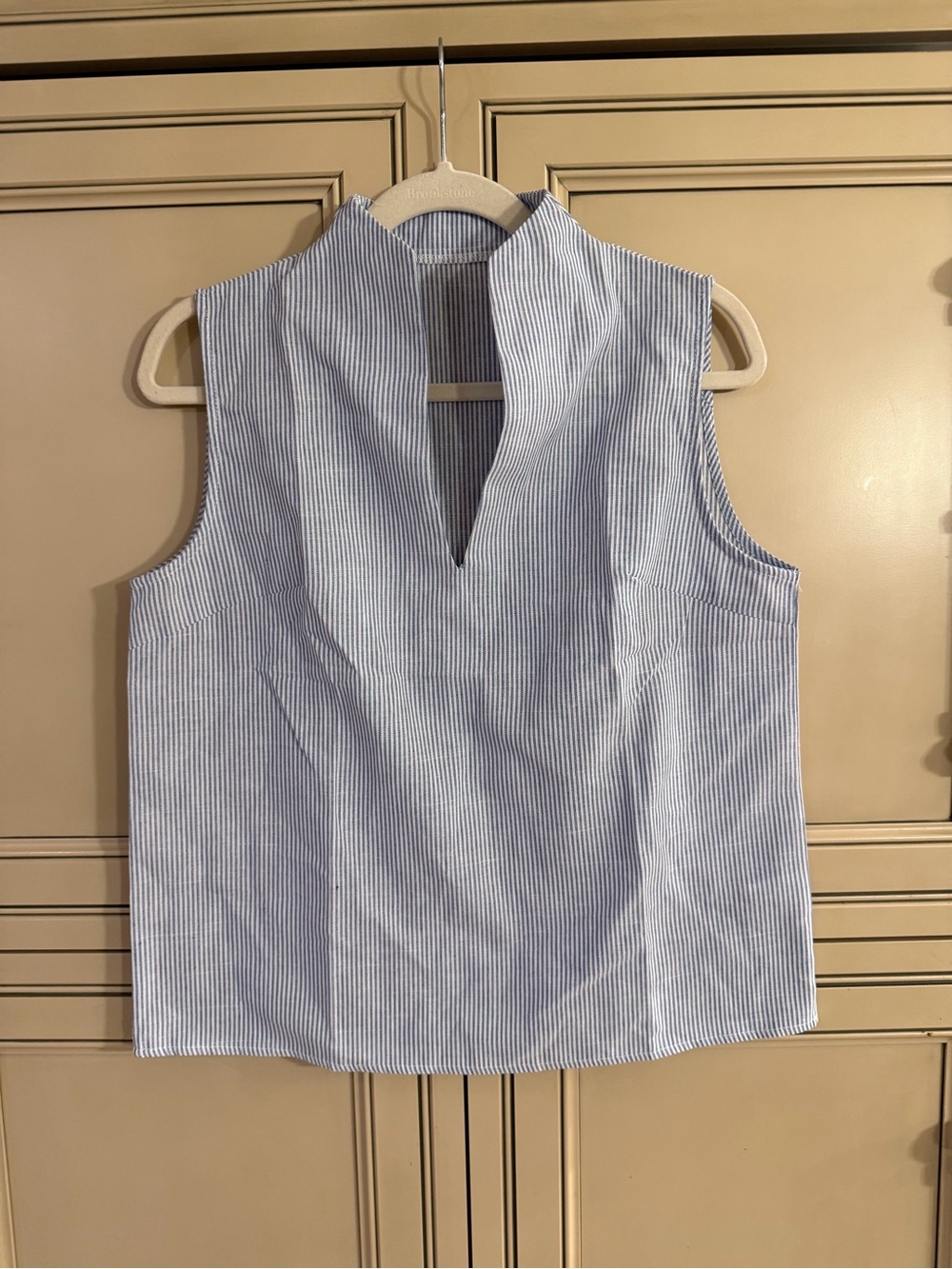 New Woman’s Sleeveless Blue gingham Pinstripe Classic Summer Top shirt V Neck Lg
